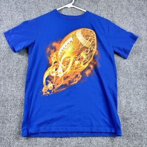 Flaming Football T-Shirt Youth L Royal Blue Orange Fire Graphic